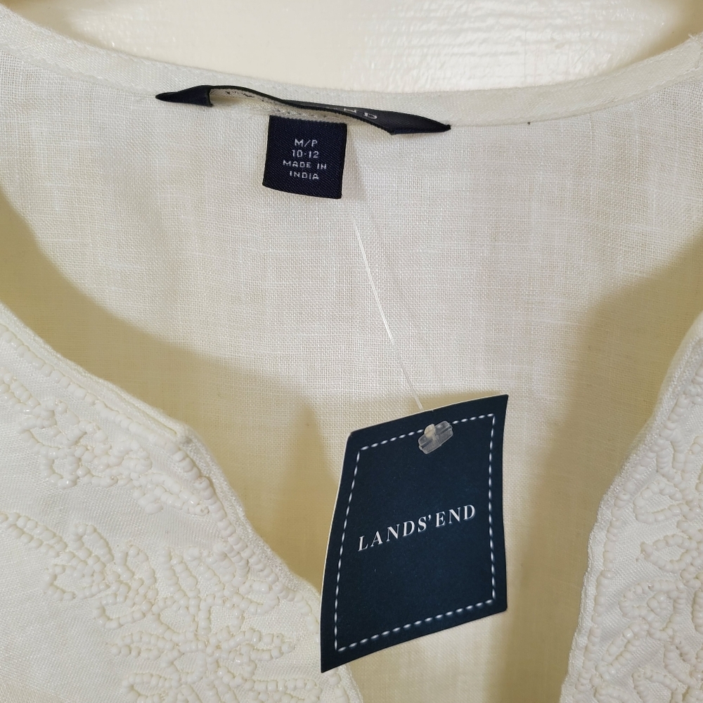 White linen tunic w beautiful bead work. NWT. Lands End - Picture 5 of 6